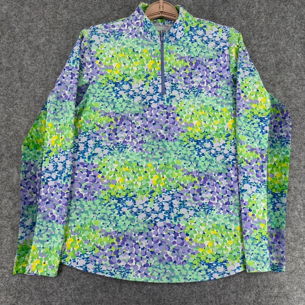 ICIKULS Womens Green Purple Dot Print Quarter Zip Sun Shirt Mock Neck Size M
